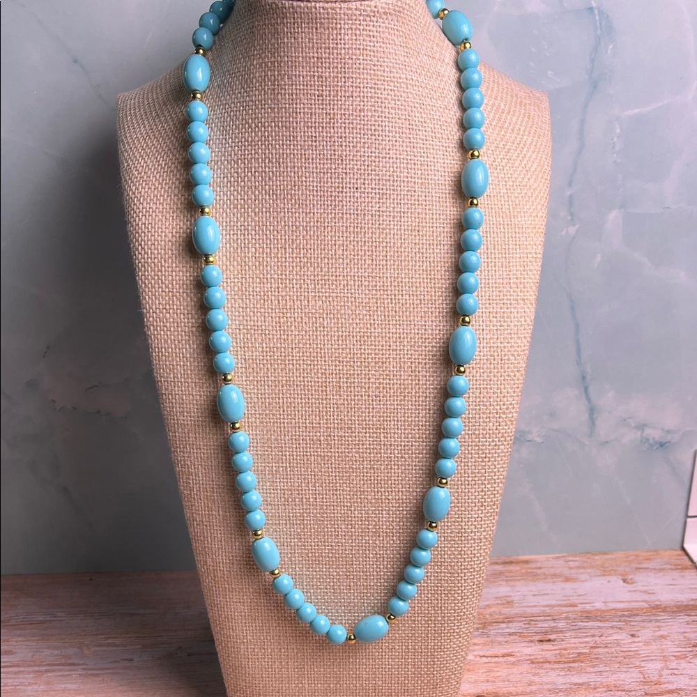 Vintage Avon Blue “Turquoise Impressions” Beaded Necklace Blue Plastic Beads